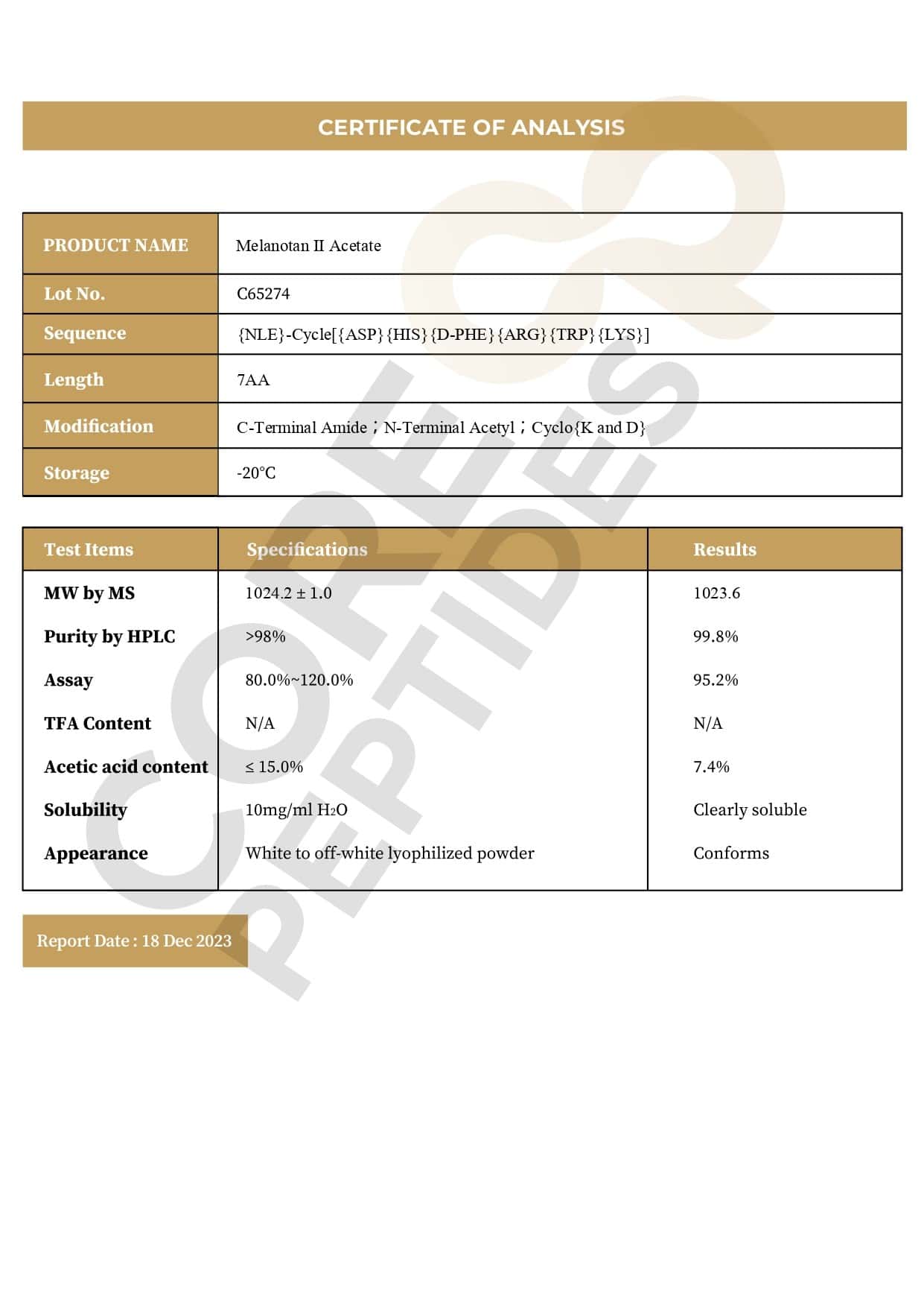Certificado de Análise Certificado de Análise